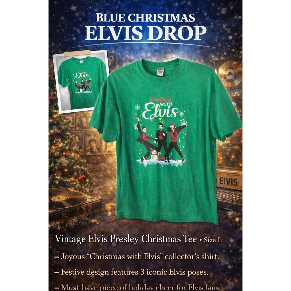 Vintage Elvis Presley Christmas Graphic T Shirt Green Short Sleeve Cotton Size L